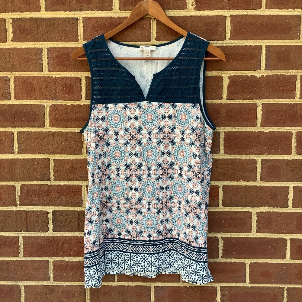 Lila Rose Teal Coral Crocheted Tank Top Mosaic Pattern M
